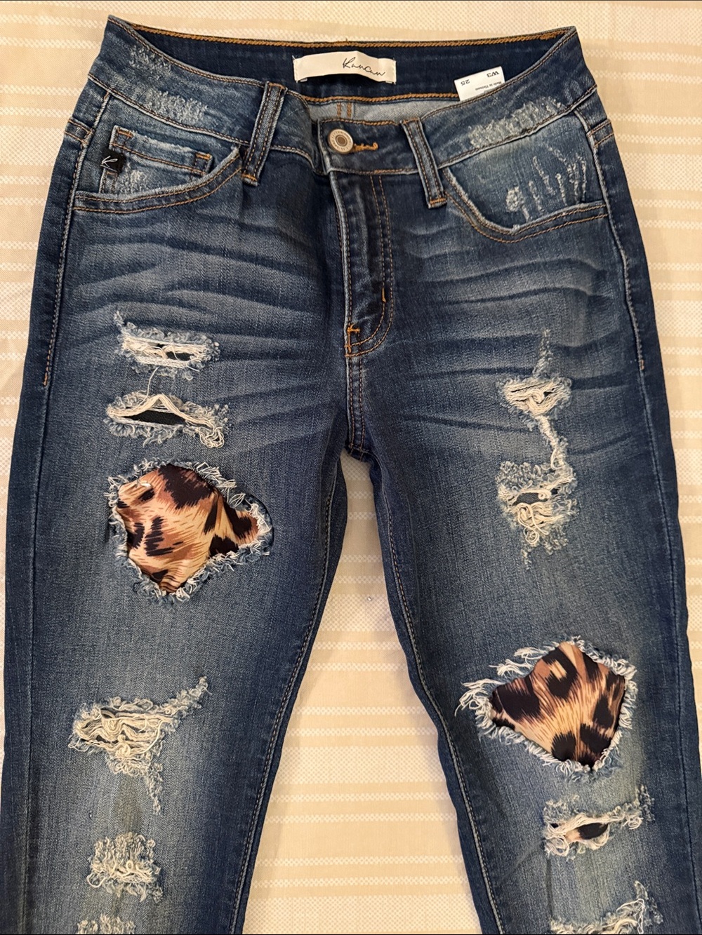 KanCan Women's Blue Distressed Skinny Jeans with Leopard Patch